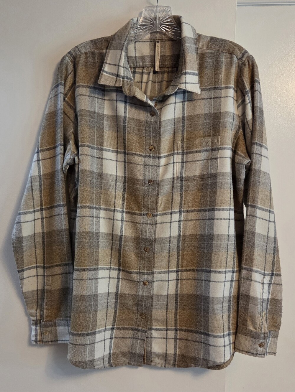 KUHL Kamila Tan/Grey  Plaid Flannel Long Sleeve Shirt Womens Size Large